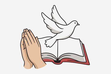Cartoon illustration of praying hands, an open Bible, and a white dove symbolizing peace and spirituality.