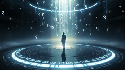 Man standing in futuristic digital environment with glowing numbers and code