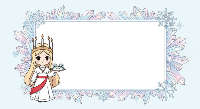 Saint lucy chibi frame with winter crystals and snowflakes border.