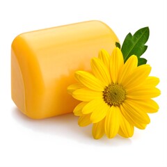Yellow Bar of Natural Soap with a Fresh Daisy Flower Isolated on a Clean White Background for Skincare, Hygiene, and Bright Floral Cleaning Product Concepts