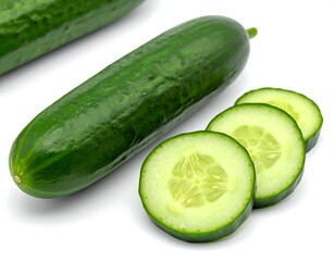 Fresh green vegetable, whole and sliced, against a white background