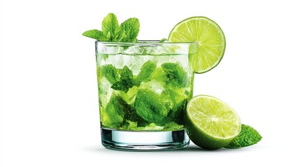 Fototapeta premium A refreshing mojito cocktail with mint leaves, lime slices, and ice, served in a clear glass.