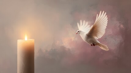 Obraz premium Candle and Dove: A symbol of hope with a graceful dove soaring near a softly lit candle, symbolizing peace, remembrance, and the transcendent beauty of life.