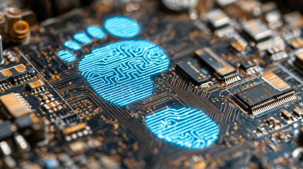 Digital footprint glowing on electronic circuit board