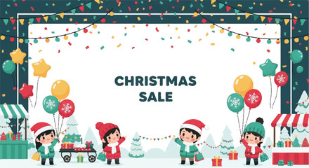 Cute children shopping at a festive christmas sale market frame.