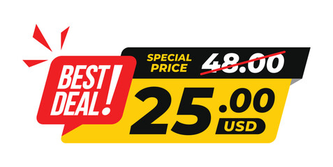 Price before and after modern sale banner with big discount price tag, crossed old price, and best deal words. For icon, logo, sign, symbol, tag, stamp, button. Vector illustration