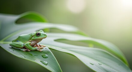 A vibrant green frog sitting peacefully on a large wet leaf, embodying the precious wildlife conservation and Earth Day concept with serene natural beauty