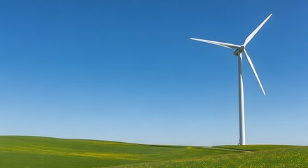 Obraz premium A tall white wind turbine stands in a vibrant green field under a clear blue sky, symbolizing renewable energy and Earth Day protection concept