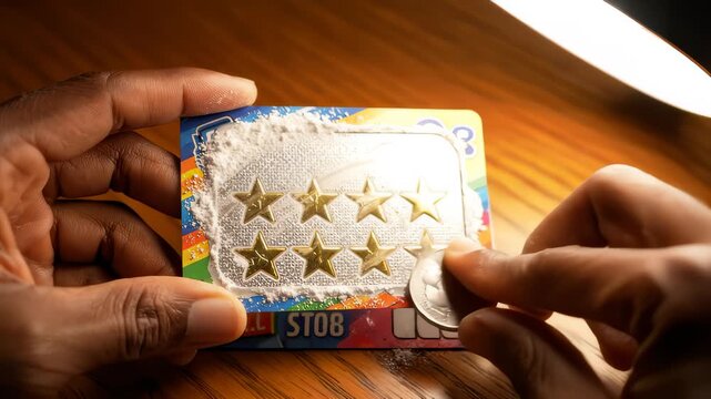 Hands Scratching Lottery Ticket With Coin to Reveal Stars and Prize
