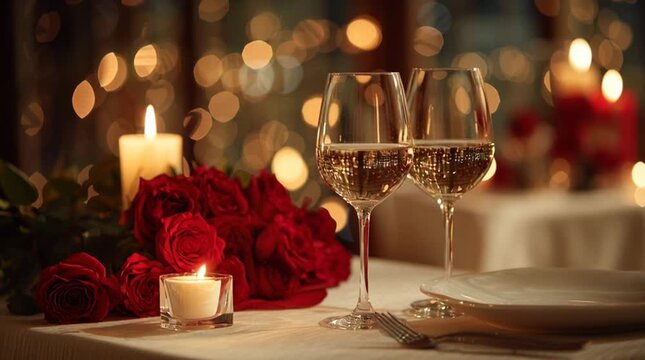 romantic dinner for two, candlelight, wine glasses reflections, elegant table setting, red roses centerpiece, warm bokeh, intimate atmosphere