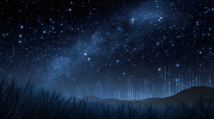 Mysterious digital landscape with glowing blue structures on rolling hills beneath a vast star filled night sky