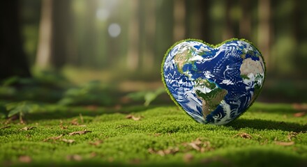 Earth in a heart shape resting on green moss, symbolizing a global environmental protection concept for Earth Day.