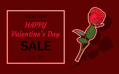 Horizontal floral background for Valentine's Day. Red neon rose on a stem with green leaves and the text "Special Offer, Sale" in a neon frame on a red background. Bright festive banner.