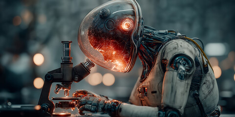 Futuristic android scientist working with holographic chemical formulas in advanced laboratory, robotic researcher conducting experiments generated AI