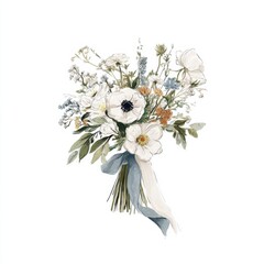 Delicate hand-drawn bouquet of white flowers tied with a ribbon on a white background.