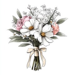 Hand-drawn delicate floral bouquet with assorted flowers and leaves tied with a ribbon bow.