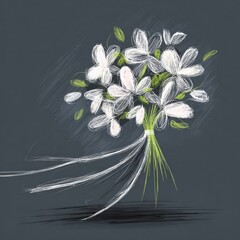 Delicate hand-drawn bouquet of flowers with long stems on a dark textured background.