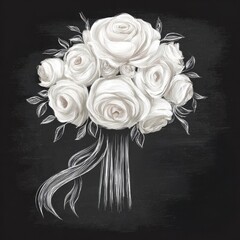 White rose bouquet sketch with ribbon on dark textured background, vintage floral drawing illustration.