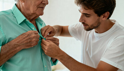 Young man helping an elderly senior father get dressed. Caregiver assisting with buttoning a shirt. Family support and homecare concept