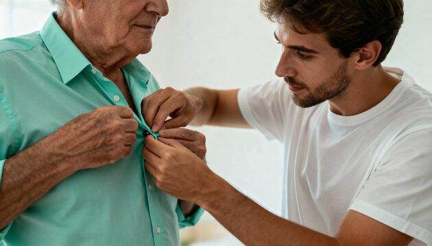 Young man helping an elderly senior father get dressed. Caregiver assisting with buttoning a shirt. Family support and homecare concept