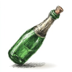 Sketch of a green glass bottle sealed with a cork, tilted on its side casting a shadow.