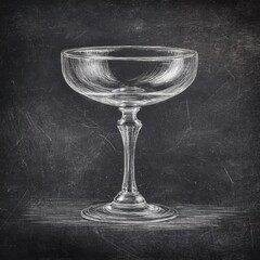 Vintage-style white line drawing of an empty coupe glass on a black textured background.