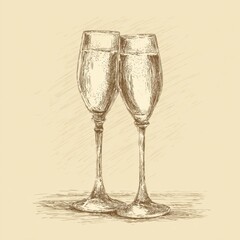 Two detailed, vintage-style sketch champagne glasses filled with bubbly liquid on a textured background.