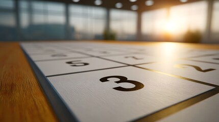 Close up view of a numbered grid on a wooden surface in a modern office with sunset light
