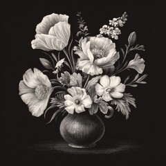 Black and white vintage illustration of a detailed floral bouquet in a rounded vase on a dark background.