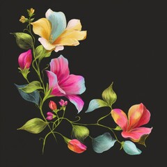 Delicate hand-drawn floral illustration with colorful flowers and leaves on a black background.
