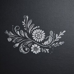 White floral chalk drawing with swirling leaves and flowers on a black textured background.