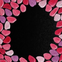 Black textured background with a circular frame of red and white flower petals.