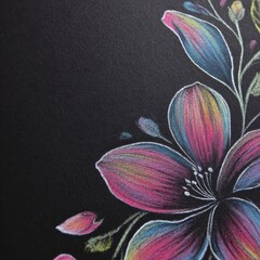 Chalk-drawn colorful flower with petals and buds on a blackboard background.