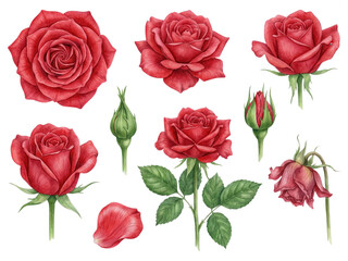 Fototapeta premium Red Rose Collection: Watercolour Botanical Illustration of Life Cycle