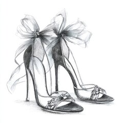 Elegant high-heeled sandals with ribbon ties and decorative details, sketched in black and white.