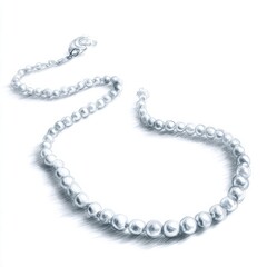 A detailed black and white sketch of a pearl necklace with reflective beads and a clasp.