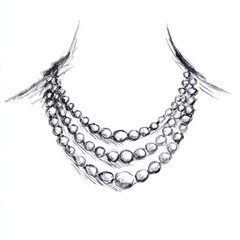 Black and white sketch of a layered pearl necklace draped around a neck.