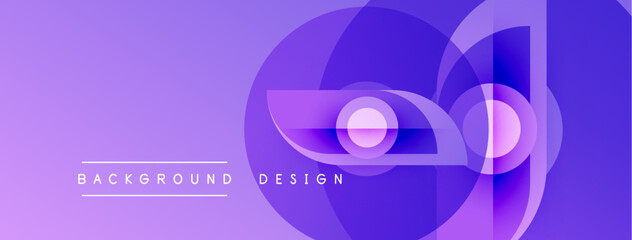 Abstract purple design features overlapping circles, squares. Gradient colors create modern visual effect. Text reads background design.