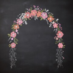 Floral arch drawn in pastel colors on a textured black background, featuring pink and peach flowers with green leaves.