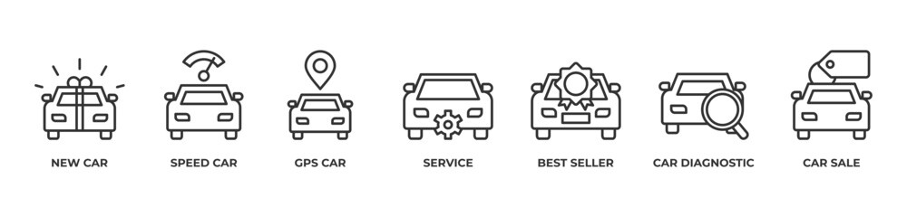 Your Ride, Upgraded Icons set vector illustration outline with New car, Speed car. Gps car, Service, Best seller, Car diagnostic, Car sale