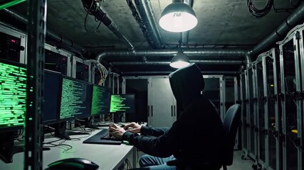 A hooded hacker works in a dark tech room surrounded by glowing computer screens, creating a secretive cybercrime atmosphere.