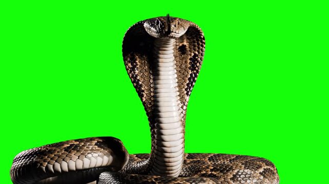 Majestic Cobra Rearing Up with Extended Hood on Green Screen