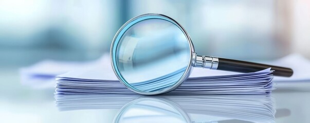 Soft-focus background enhances the focus on the magnifying glass and papers.