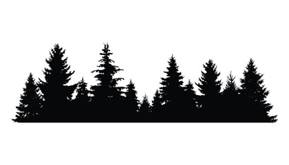 Fir trees silhouette. Coniferous spruce horizontal background pattern, black evergreen woods vector illustration. Beautiful hand drawn panorama of coniferous forest © designer_things