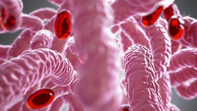 A microscopic view of pink intestinal cells absorbing nutrients alongside moving red blood cells.