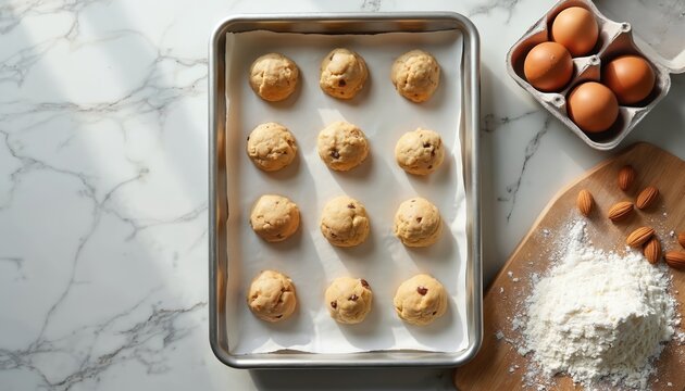 Raw cookie dough balls arranged on baking sheet. Ingredients like eggs, almonds and flour nearby on marble surface. Preparing homemade sweet dessert.