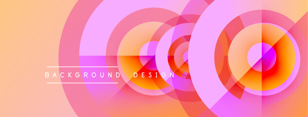 Abstract design features overlapping circles, gradients. Peach, pink hues create dynamic visual effect. Modern, clean aesthetic.