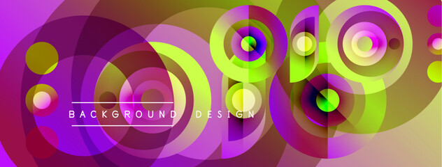 Abstract vibrant circles overlap creating dynamic colorful background. Purple, yellow, green hues dominate design. Modern aesthetic.