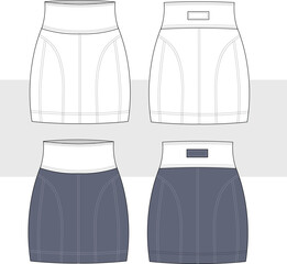 Fitted mini skirt with elastic waistband fashion technical drawing, illustration. Front and back view skirt vector. Cad, Mockup Set.