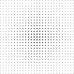 Halftone vector template of black stars gradually decreasing from the center to the edge. Lattice gradient transition. Particles breaking radially.